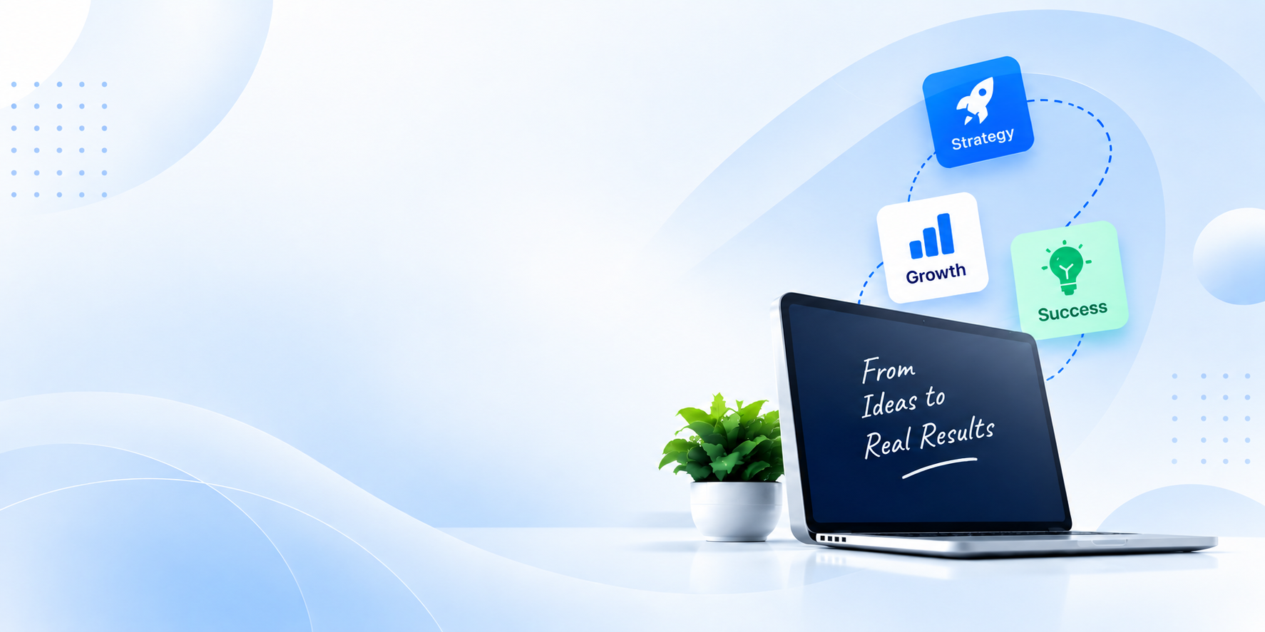 Laptop with strategy, growth and success illustrations